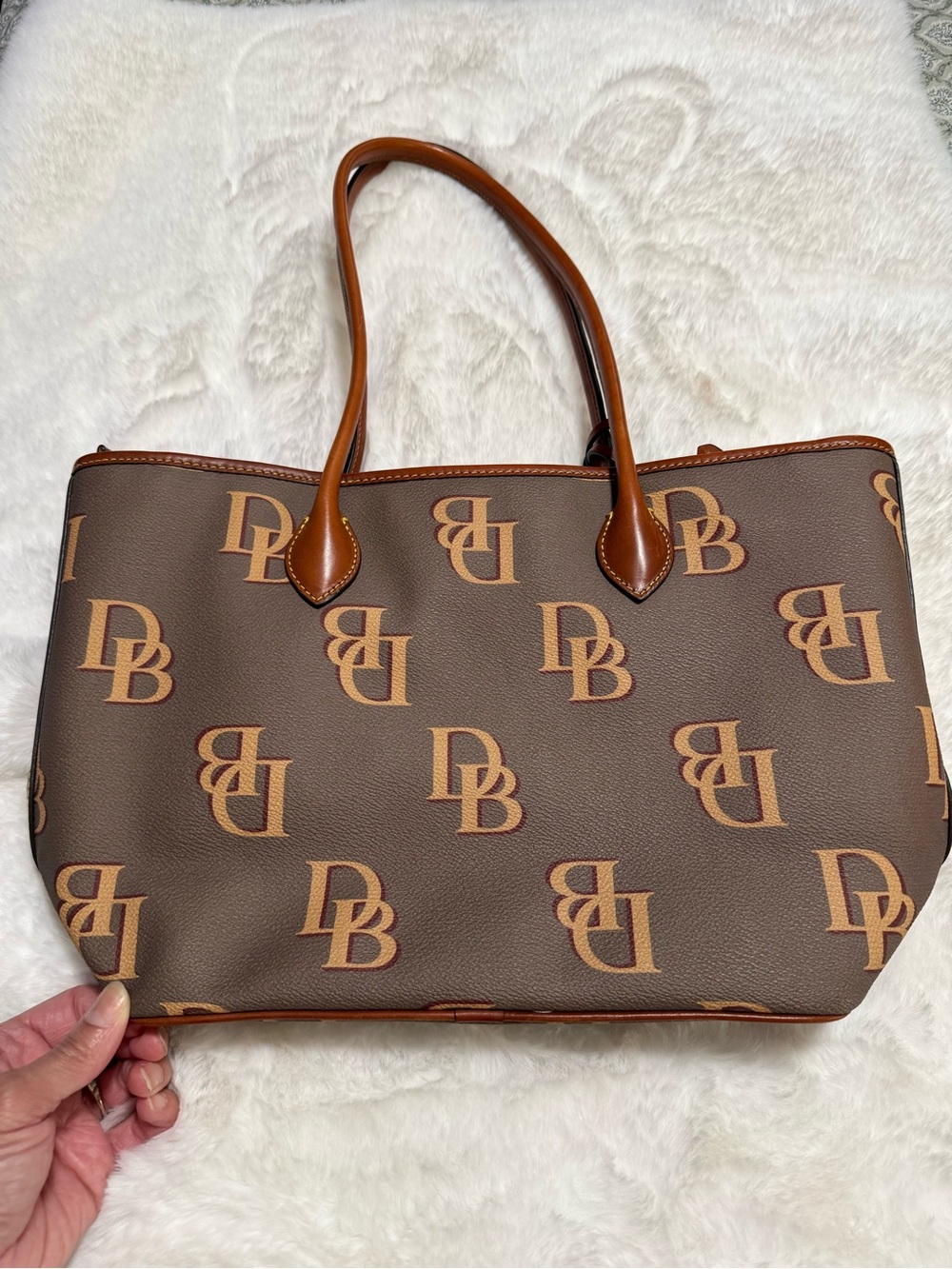 Dooney and Bourke  Monogram Taupe Yellow Tote Bag with Tan Trim - Picture 7 of 10
